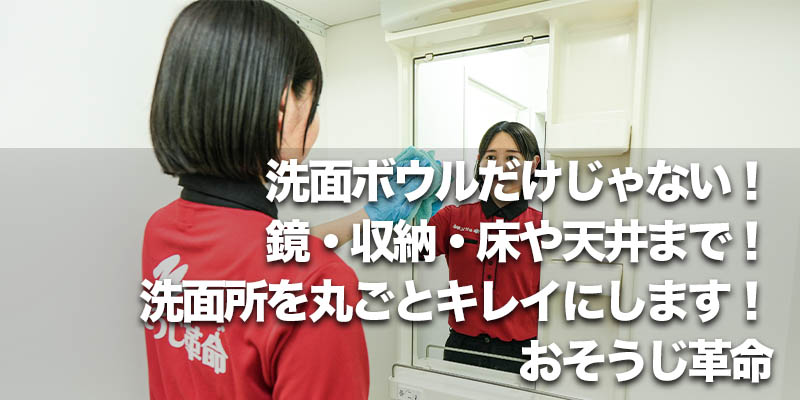 洗面ボウルだけじゃない！鏡・収納・床や天井まで！洗面所を丸ごとキレイにします！おそうじ革命